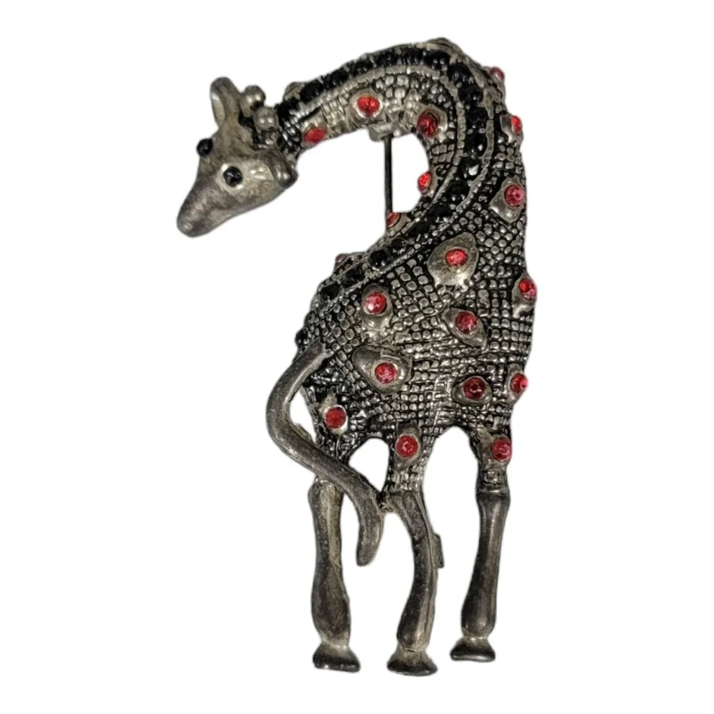 Vintage Giraffe Brooch Pin Figural Silver-Tone Stretch Twist 3D Red Enamel Spots